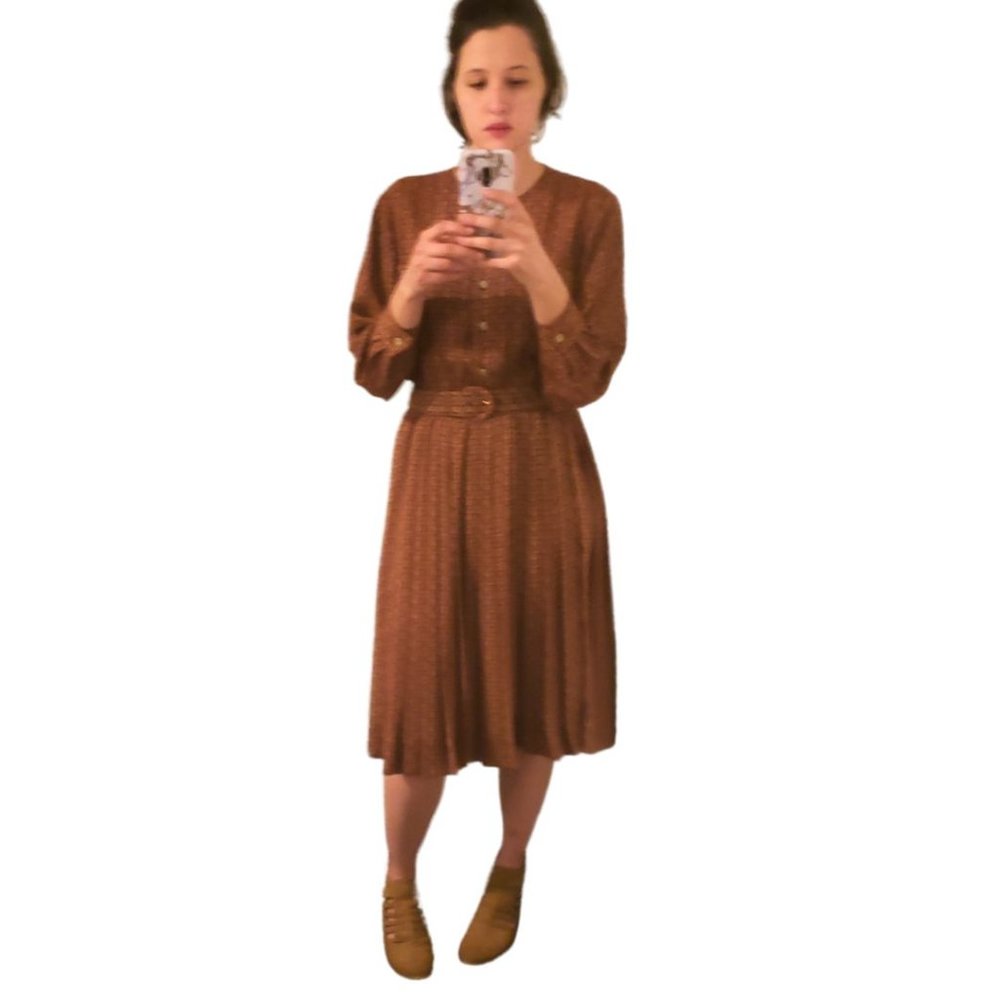 70s Style Vintage Belted, Pleated Dress